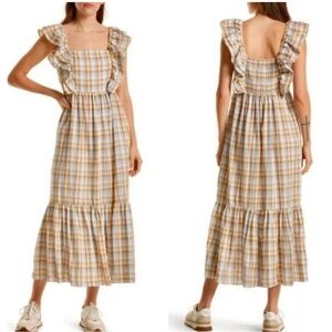 MADEWELL Cotton Cottagecore Smocked Plaid Midi Dress Ruffle-Straps 14